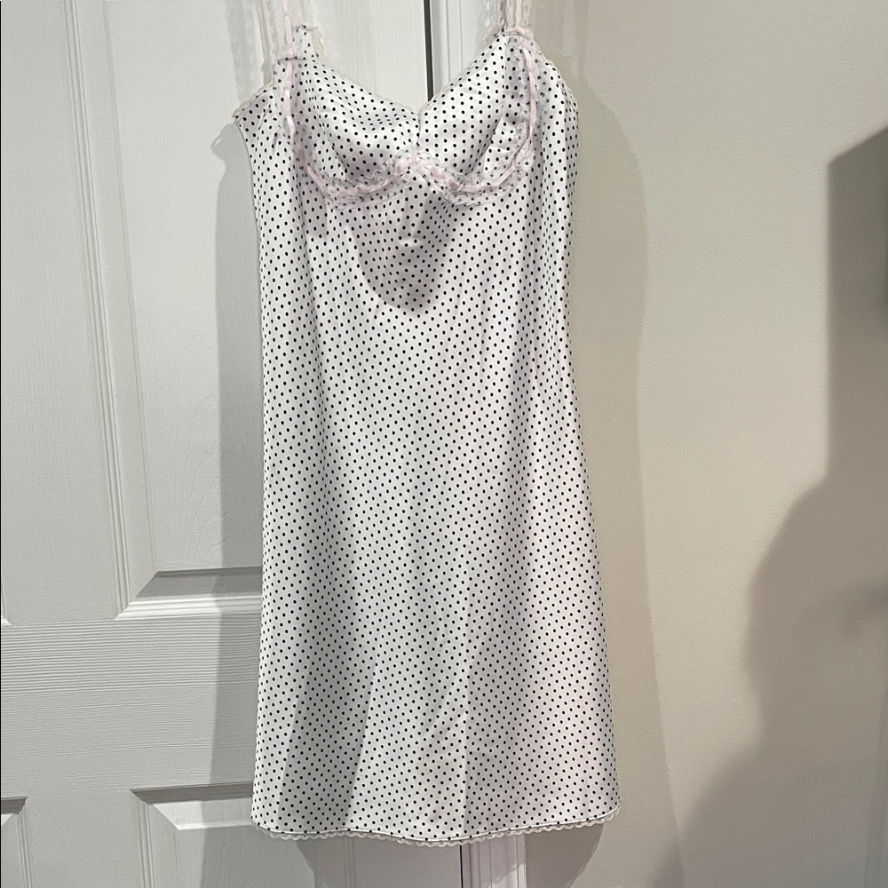 Frankie's Bikinis White Satin-like Polka Dot Slip Dress- Size Small